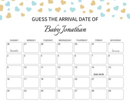 Gold Blue Hearts Baby Due Date Calendar