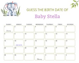 Watercolor Elephant Baby Due Date Calendar