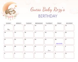 Watercolor Sleeping Sloth Baby Due Date Calendar