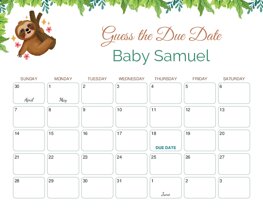 Funny Sloth and Leaves Baby Due Date Calendar