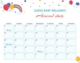 Rainbow and Balloons Baby Due Date Calendar