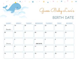 Cute Whale Swimming Baby Due Date Calendar