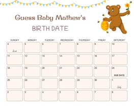 Bear, Honey Pot, Flower Baby Due Date Calendar