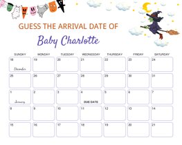 Witch Flying on Broom Baby Due Date Calendar