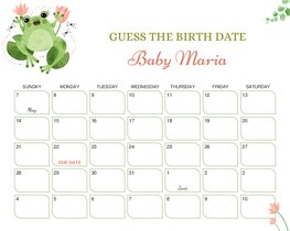 Watercolor Frog and Flowers Baby Due Date Calendar
