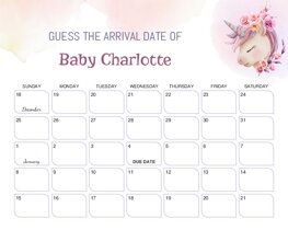 Watercolor Baby Unicorn Baby Due Date Calendar