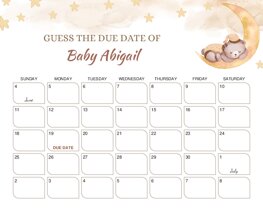 Watercolor Teddy Bear Baby Due Date Calendar